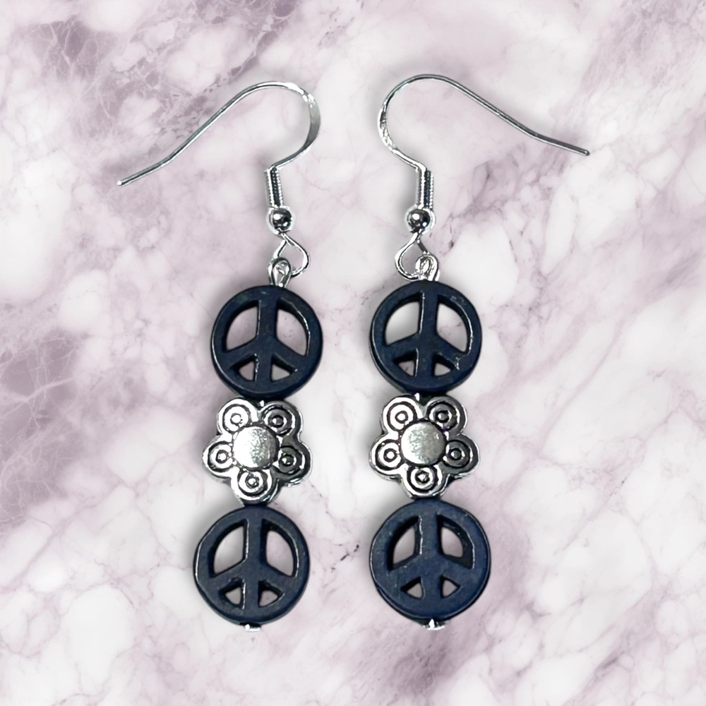 Hand Crafted Earrings Blue Peace Flowers Long Pierced Silver Howlite Dangle